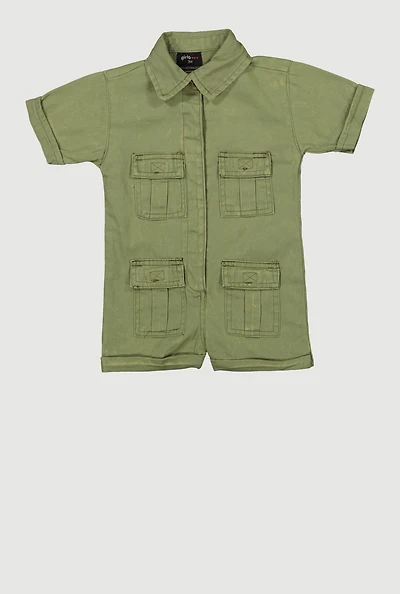 Baby Girls Twill Mineral Wash Utility Romper, Green, Size 3M