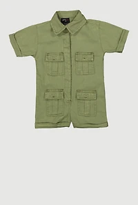 Baby Girls Twill Mineral Wash Utility Romper, Green, Size 3M