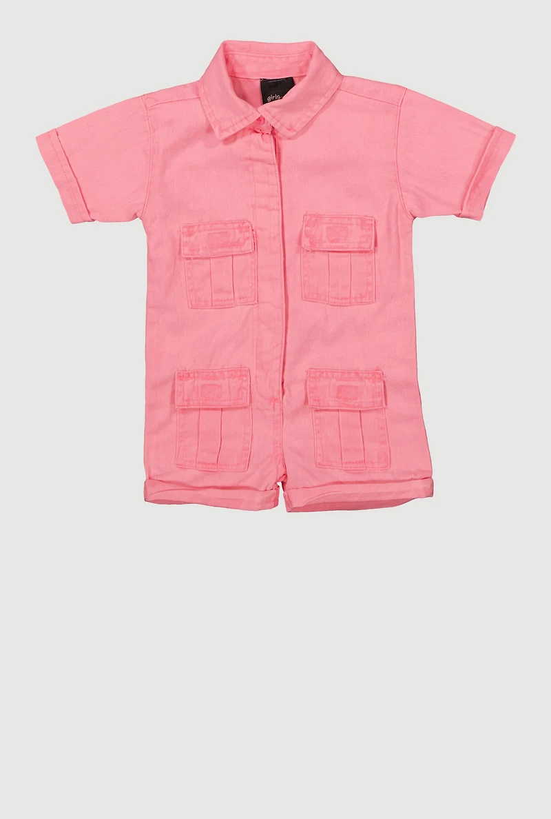 Baby Girls Twill Mineral Wash Utility Romper, Pink,