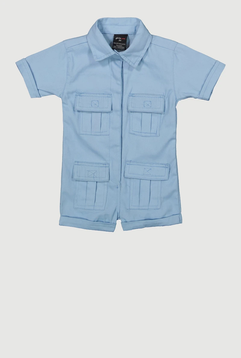 Baby Girls Twill Mineral Wash Utility Romper,