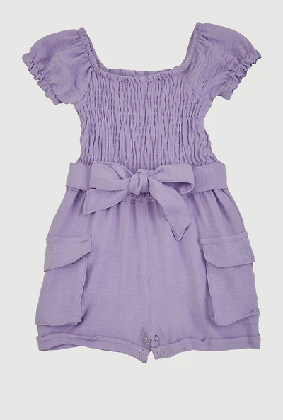 Baby Girls 0-9M Airy Smocked Tie Waist Belted Romper, Purple, Size 6M
