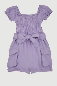 Baby Girls 0-9M Airy Smocked Tie Waist Belted Romper, Purple, Size 6M