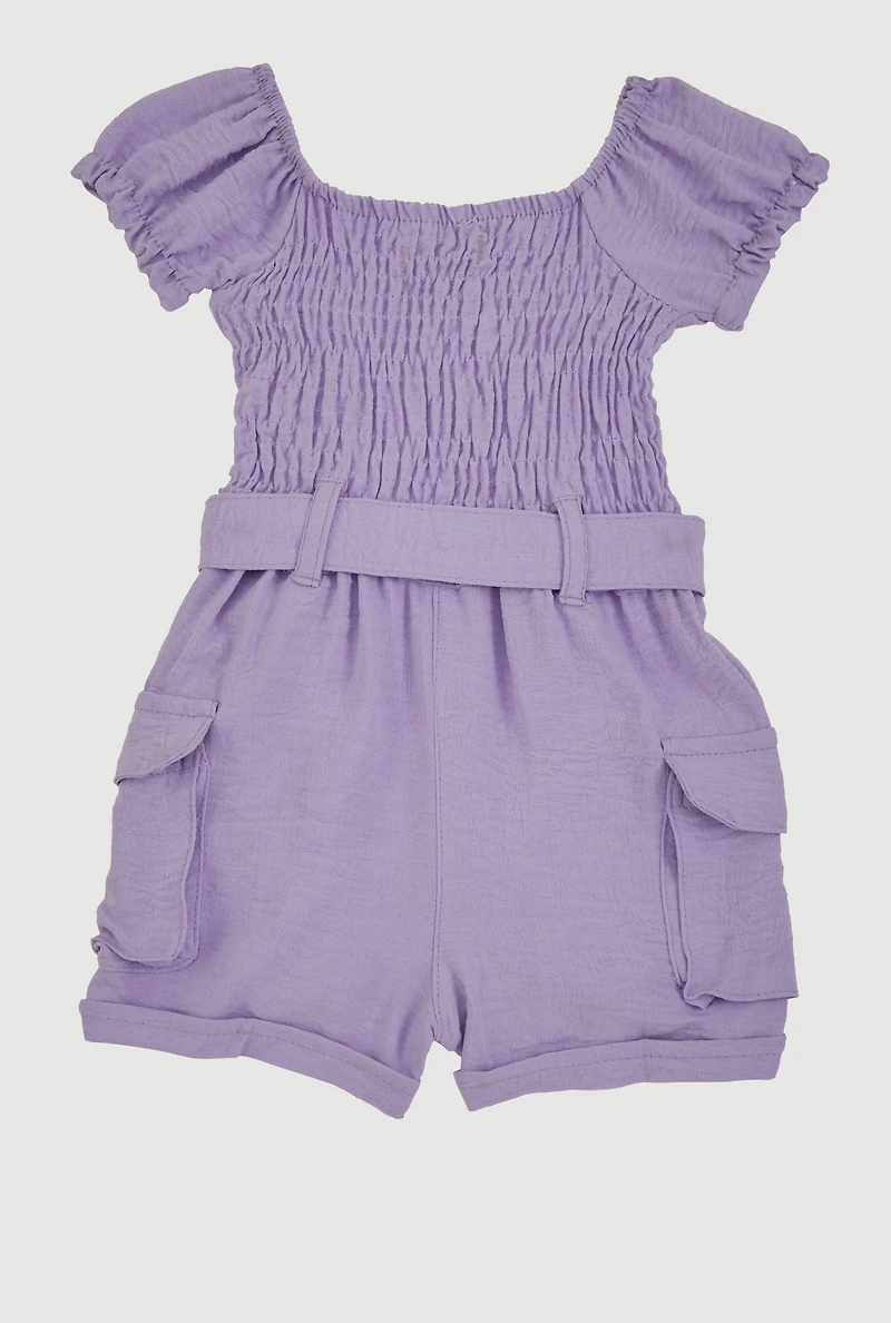 Baby Girls 0-9M Airy Smocked Tie Waist Belted Romper, Purple, Size 3M