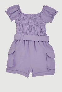 Baby Girls 0-9M Airy Smocked Tie Waist Belted Romper, Purple, Size 3M