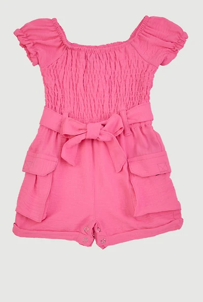 Baby Girls 0-9M Airy Smocked Tie Waist Belted Romper, Pink, Size 6M