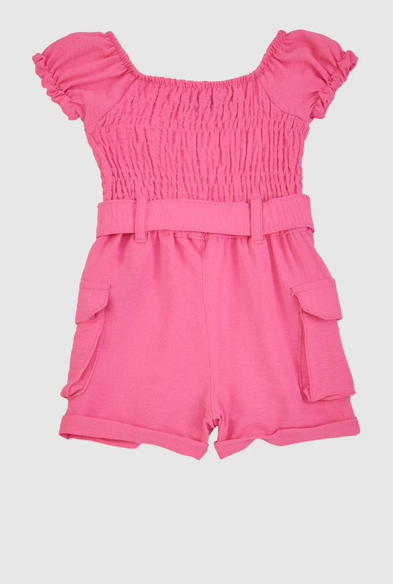 Baby Girls 0-9M Airy Smocked Tie Waist Belted Romper, Pink, Size 6M