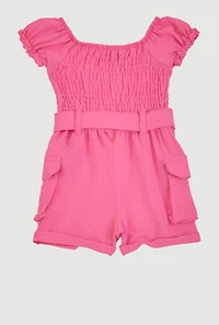 Baby Girls 0-9M Airy Smocked Tie Waist Belted Romper, Pink, Size 6M