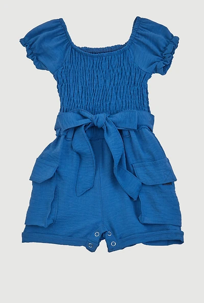 Baby Girls 0-9M Airy Smocked Tie Waist Belted Romper, Blue, Size 9M