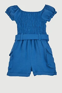 Baby Girls 0-9M Airy Smocked Tie Waist Belted Romper, Blue, Size 9M
