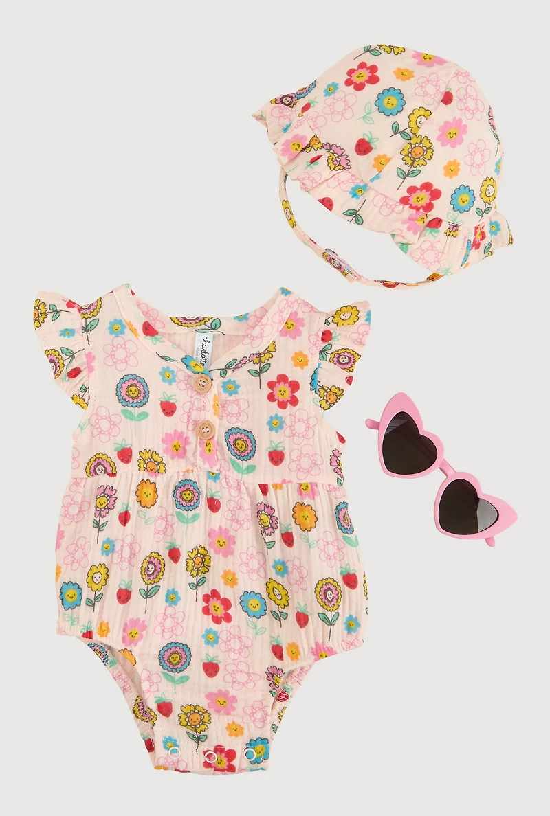 Baby Girls 0-9M Flower Print Romper and Hat with Sunglasses, Pink, Size 3-6M