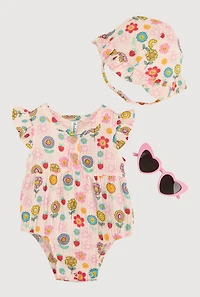 Baby Girls 0-9M Flower Print Romper and Hat with Sunglasses, Pink, Size 3-6M