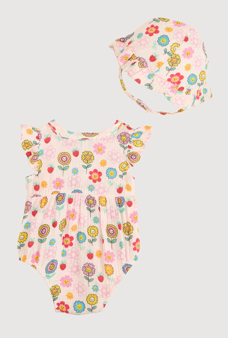Baby Girls 0-9M Flower Print Romper and Hat with Sunglasses, Pink, Size 3-6M