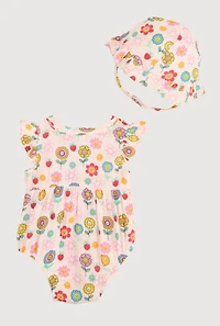 Baby Girls 0-9M Flower Print Romper and Hat with Sunglasses, Pink, Size 3-6M