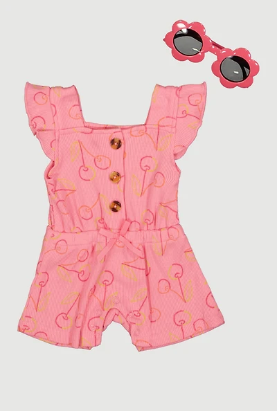 Baby Girls 0-9M Ribbed Knit Cherry Print Romper with Sunglasses