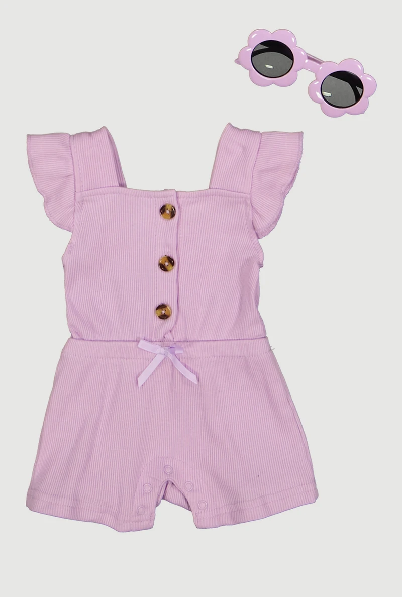 Baby Girls 0-9M Solid Ribbed Knit Romper with Sunglasses
