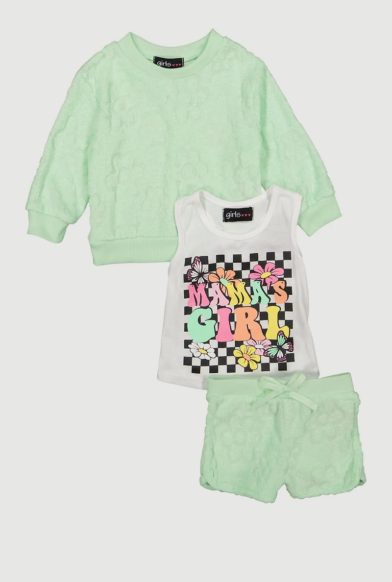 Baby Girls 0-9M Terry Cloth Sweatshirt and Shorts with Graphic Tank Top, Green, Size 6M