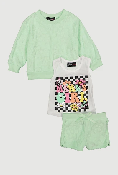 Baby Girls 0-9M Terry Cloth Sweatshirt and Shorts with Graphic Tank Top, Green, Size 6M