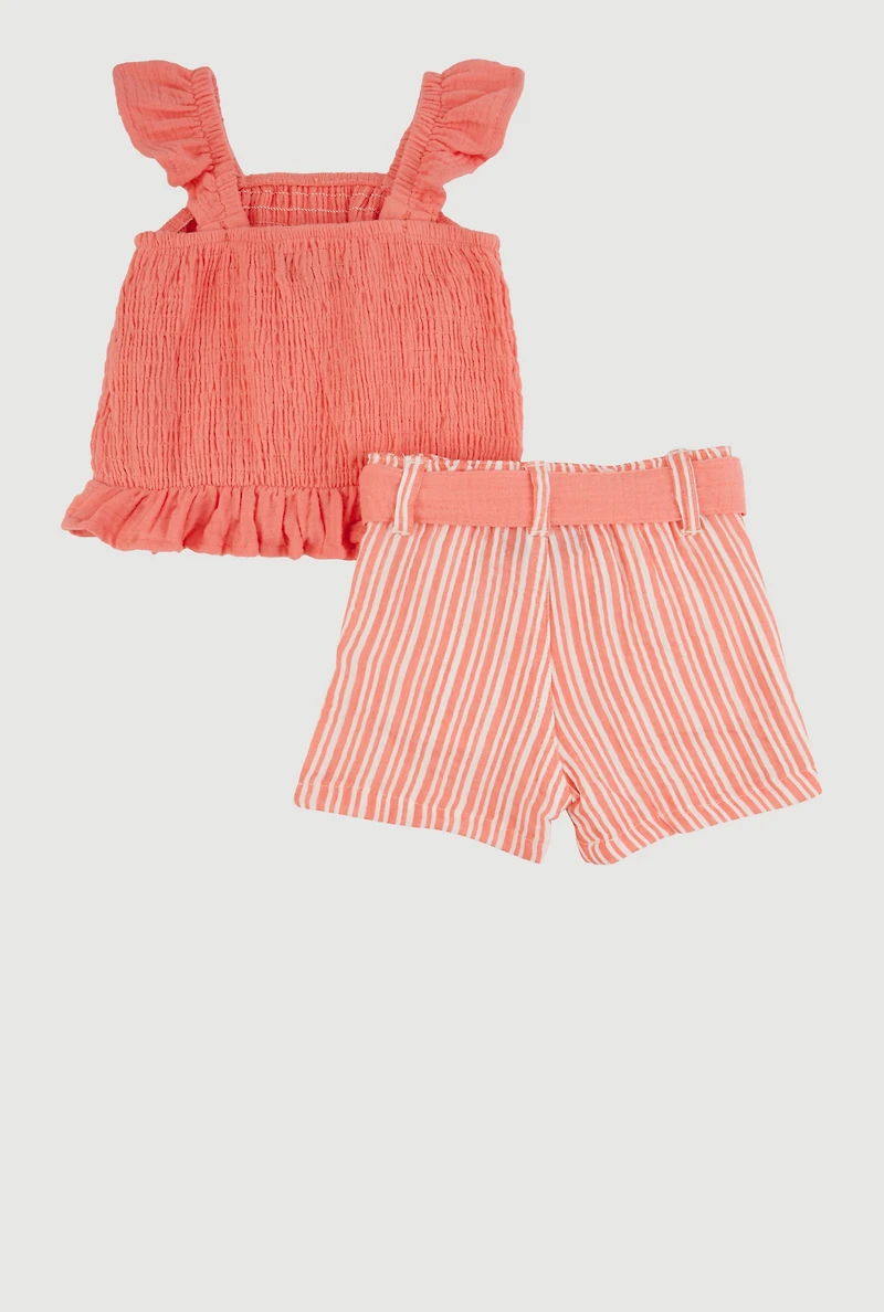 Baby Girls 0-9M Ruffled Smocked Top and Striped Shorts,