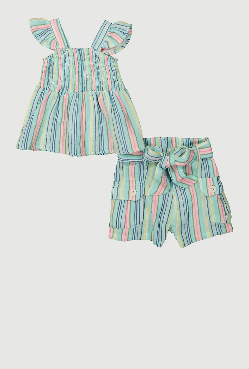 Baby Girls 0-9M Gauze Knit Striped Peasant Top and Shorts