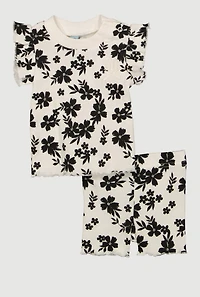 Baby Girls 0-9M Rib Knit Floral Print Top and Shorts, Multi, Size 0-3M