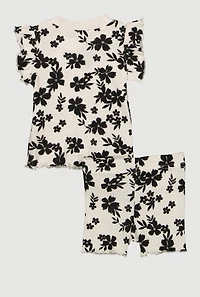 Baby Girls 0-9M Rib Knit Floral Print Top and Shorts, Multi, Size 0-3M