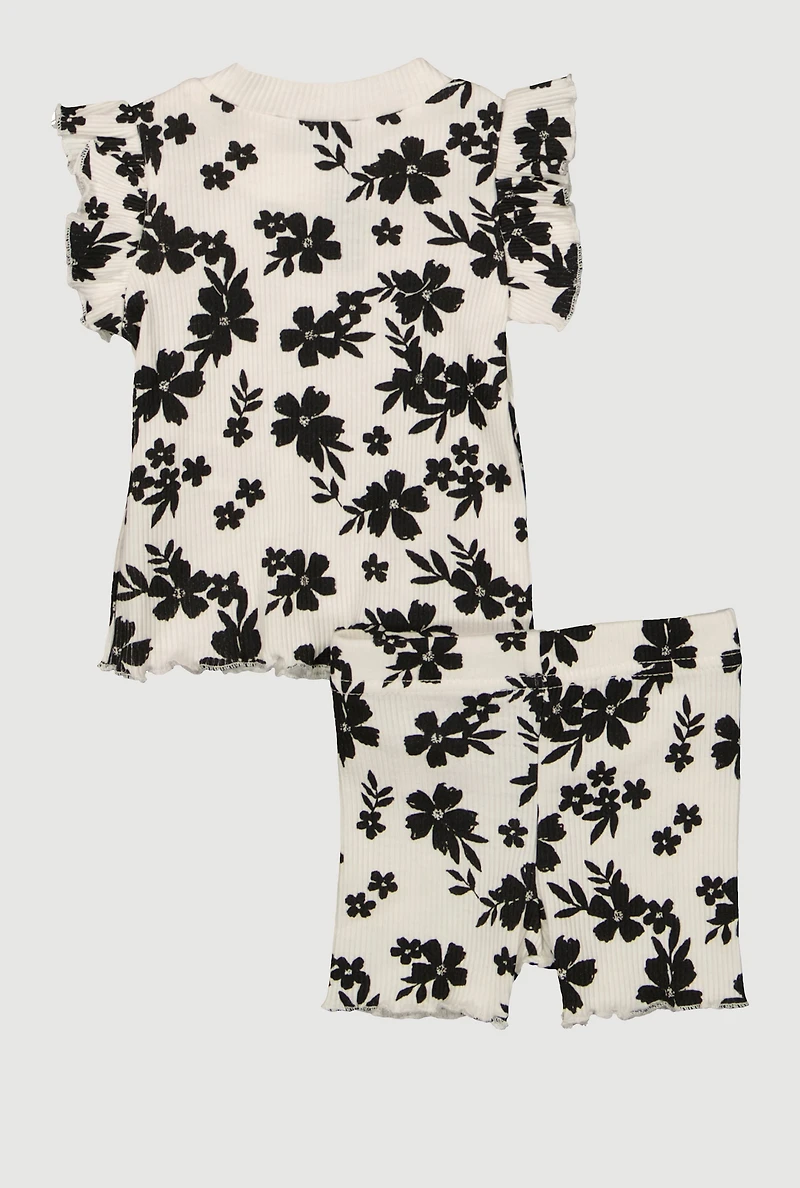 Baby Girls 0-9M Rib Knit Floral Print Top and Shorts
