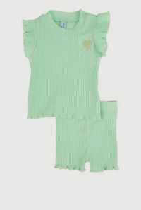 Baby Girls Rib Knit Heart Embroidered Tee and Shorts