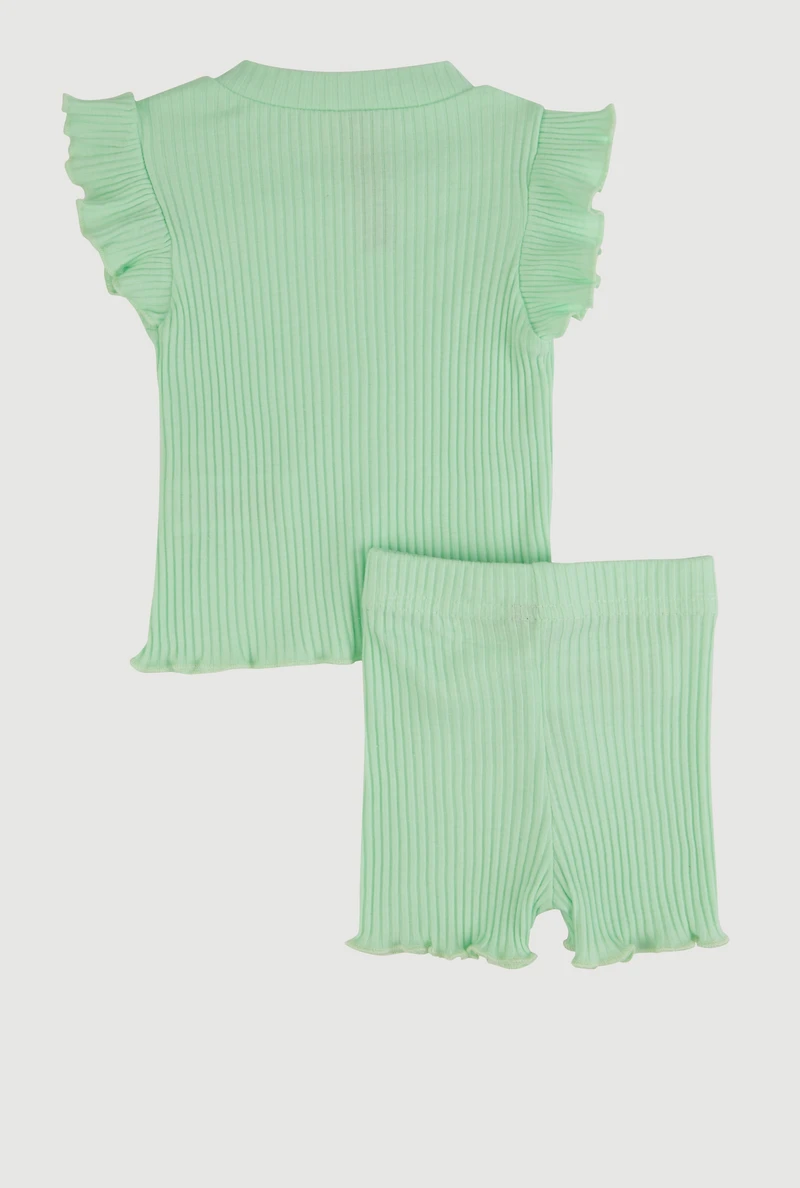 Baby Girls Rib Knit Heart Embroidered Tee and Shorts