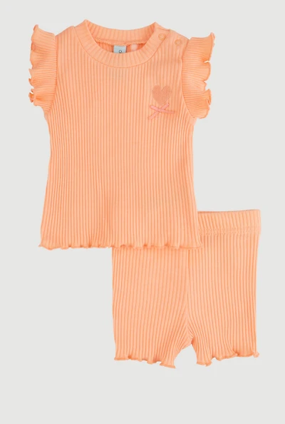 Baby Girls 0-9M Ribbed Knit Flutter Sleeve Top and Shorts, Orange,