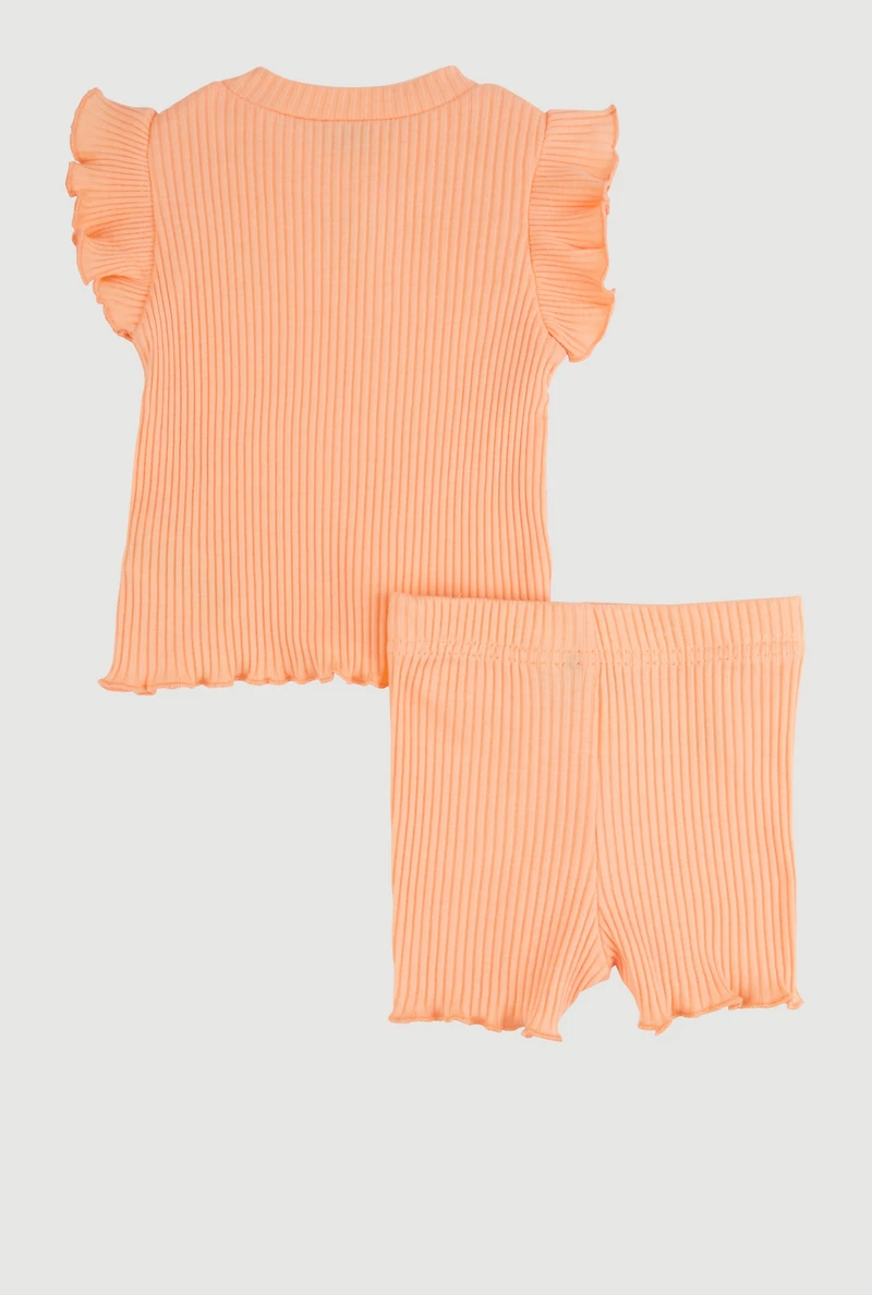 Baby Girls 0-9M Ribbed Knit Flutter Sleeve Top and Shorts, Orange, Size 0-3M