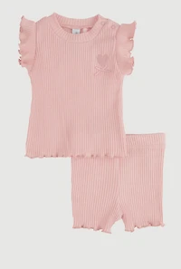 Baby Girls 0-9M Ribbed Knit Flutter Sleeve Top with Shorts