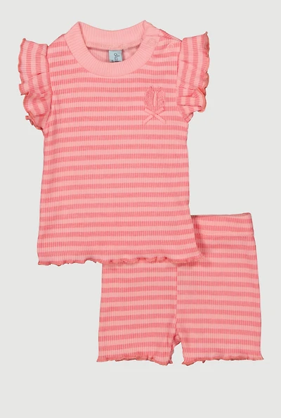 Baby Girls 0-9M Striped Lettuce Edge Ruffled Top and Shorts, Pink, Size 0-3M