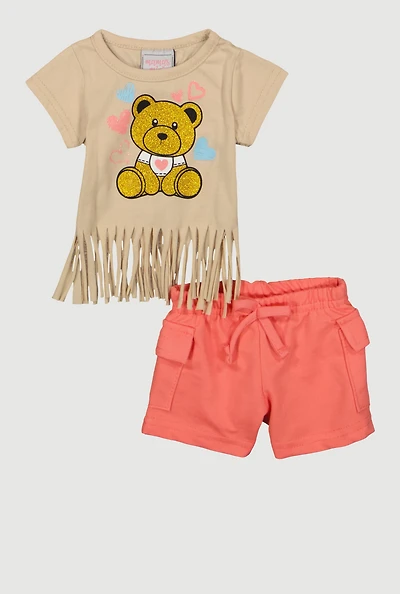 Baby Girls 0-9M Glitter Bear Graphic Tee and Cargo Shorts