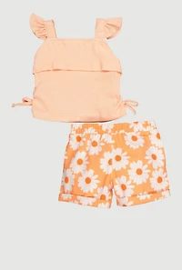Baby Girls 0-9M Ribbed Knit Sleeveless Top and Floral Shorts, Orange, Size 0-3M