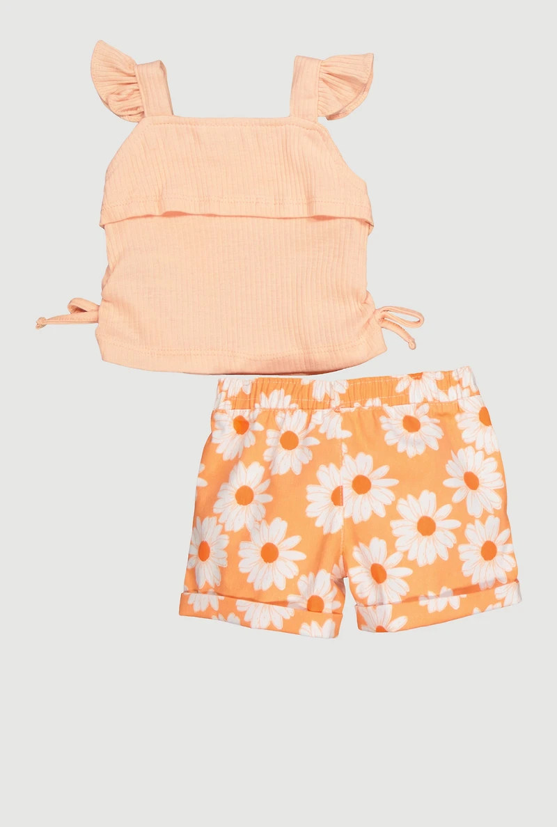 Baby Girls 0-9M Ribbed Knit Sleeveless Top and Floral Shorts