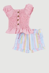 Baby Girls 0-9M Smocked Peasant Top and Striped Pants, Pink, Size 3-6M