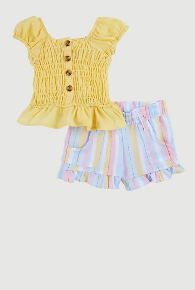 Baby Girls 0-9M Smocked Peplum Top and Striped Shorts, Yellow, Size 3-6M