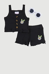 Baby Girls 0-9M Embroidered Sunflower Tank Top and Shorts, Black, Size 3-6M