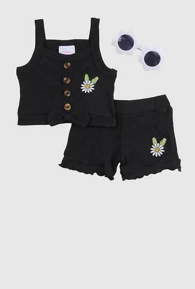 Baby Girls 0-9M Embroidered Sunflower Tank Top and Shorts