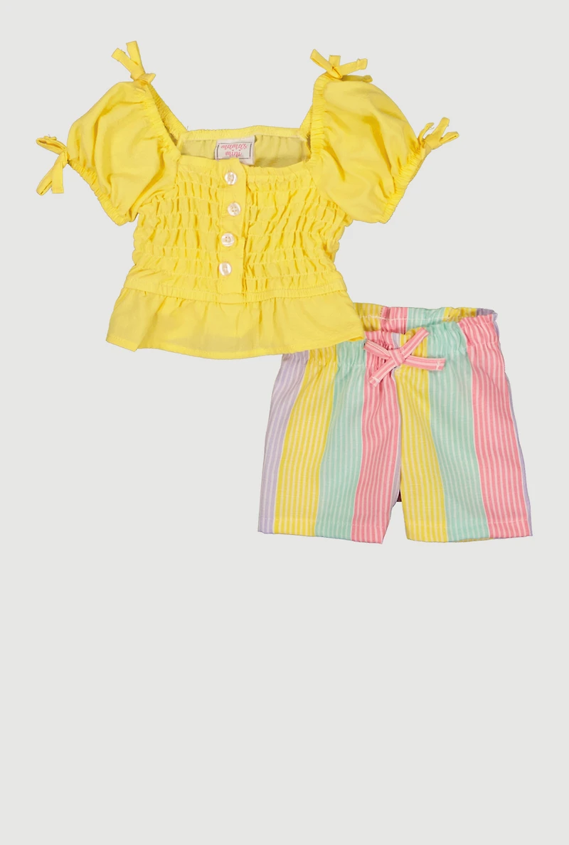 Baby Girls 0-9M Smocked Puff Sleeve Top and Striped Shorts
