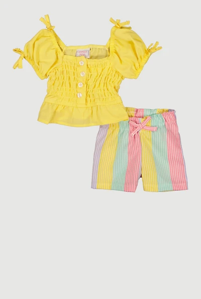Baby Girls 0-9M Smocked Puff Sleeve Top and Striped Shorts
