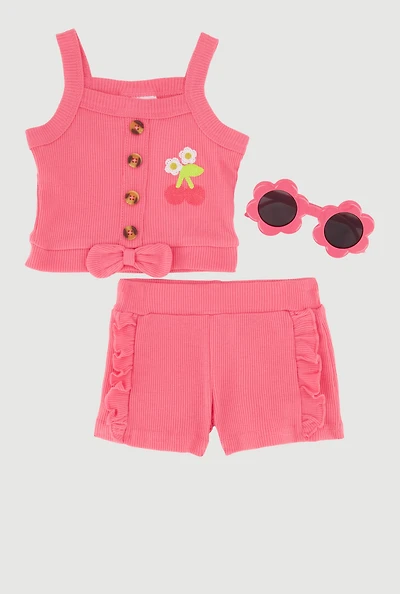 Baby Girls 0-9M Floral Cherry Embroidered Tank Top and Shorts with Sunglasses