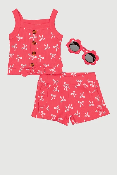 Baby Girls 0-9M Bow Graphic Tank Top and Shorts with Sunglasses