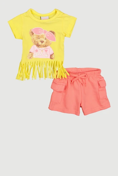 Baby Girls 0-9M Chill Bear Graphic Fringe Tee and Shorts
