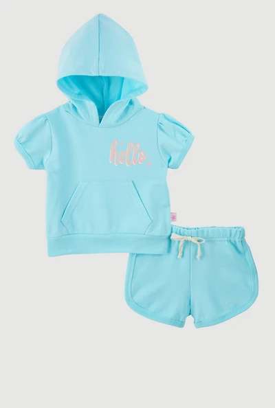 Baby Girls 0-9M Hooded Hello Graphic Tee and Dolphin Shorts, Blue, Size 3-6M