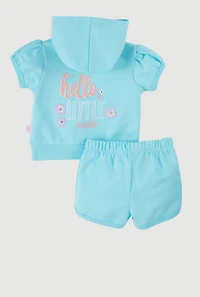 Baby Girls 0-9M Hooded Hello Graphic Tee and Dolphin Shorts, Blue, Size 3-6M