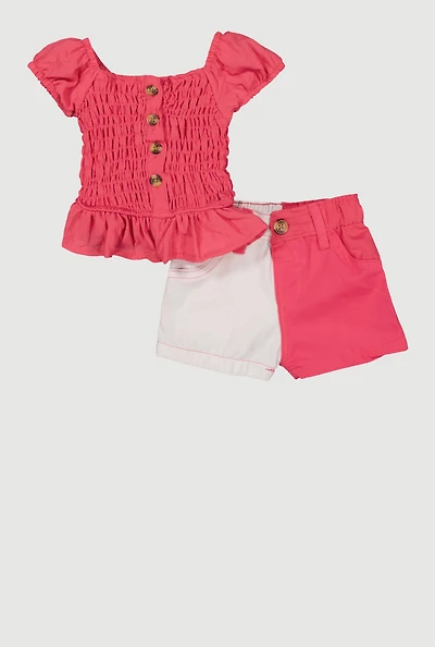 Baby Girls 0-9M Smocked Peasant Top and Color Blocked Shorts, Pink, Size 6-9M