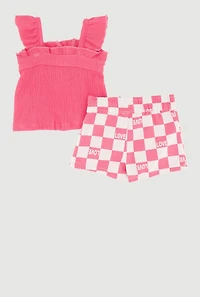 Baby Girls 0-9M Ruffle Trim Tank Top and Love Checkered Shorts
