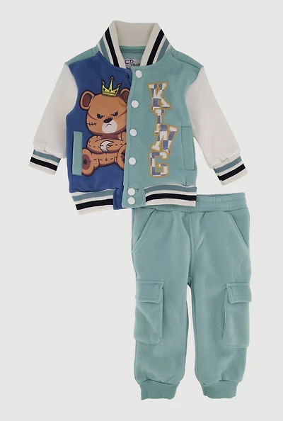 Baby Boys 12-24M King Bear Varsity Jacket and Cargo Joggers, Blue, Size 18M