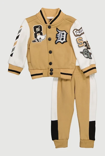 Baby Boys 0-9M Initial D Patch Graphic Varsity Jacket and Joggers, Beige,